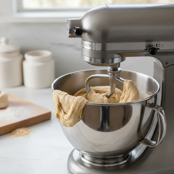 A powerful 5-quart stand mixer actively kneading a batch of dense bread dough in a stainless steel bowl.