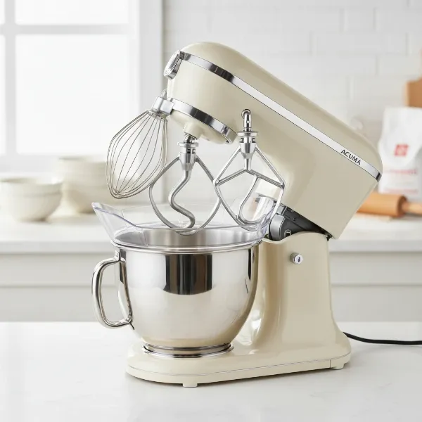 Acuma stand mixer with stainless steel bowl, whisk, dough hook, and flat beater, showing tilt-head design.