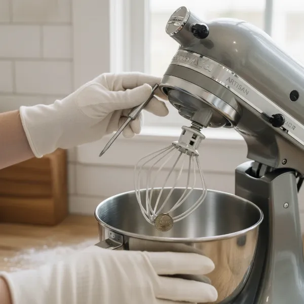 Hands performing the dime test to adjust a stand mixer's beater-to-bowl clearance with a screwdriver.