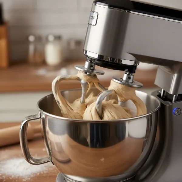 Aicok stand mixer's double dough hooks actively kneading bread dough in a stainless steel bowl.