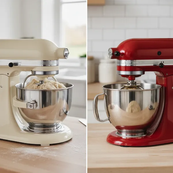 Ankarsrum and KitchenAid stand mixers actively kneading bread dough.