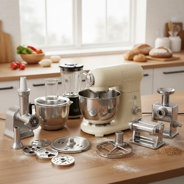 Ankarsrum stand mixer surrounded by its various optional attachments for kitchen versatility.