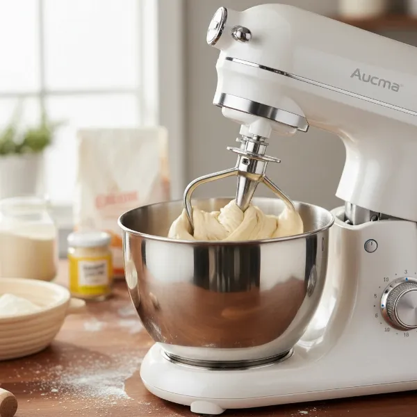 Aucma stand mixer kneading bread dough with the spiral dough hook.