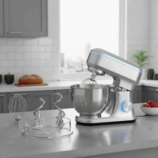 Aucma 6.5-QT stand mixer with its attachments and tilt-head design.