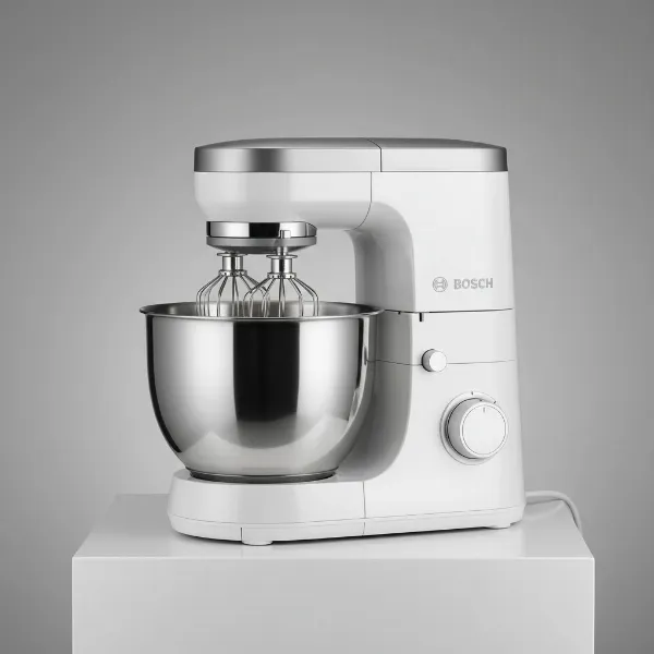 Bosch Universal Plus stand mixer, showing its unique bottom-drive motor and open-top bowl.