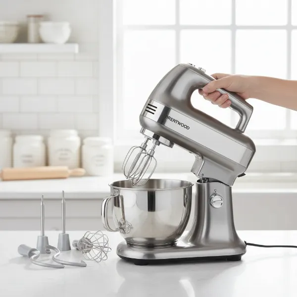 Brentwood 5-Speed stand mixer with detachable hand mixer and included attachments.