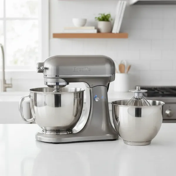 Breville The Bakery Chef stand mixer with its 5-quart glass and 4-quart stainless steel bowls.