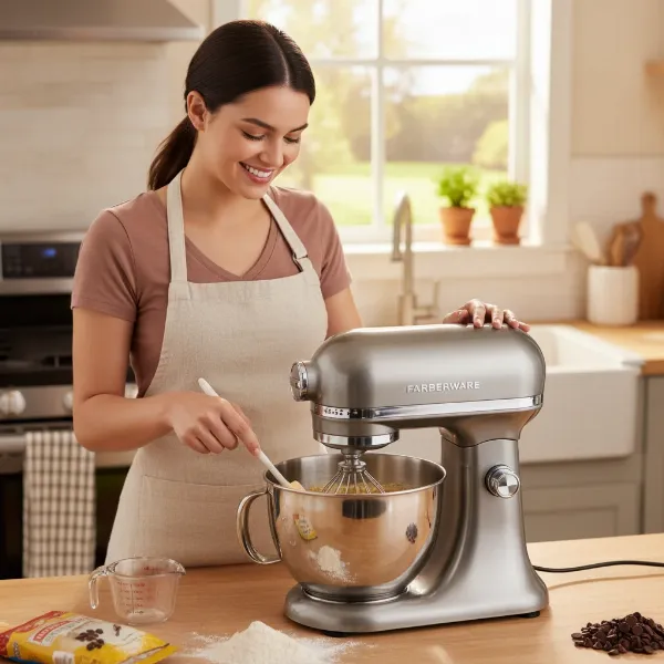 Home baker using a Farberware stand mixer to mix cookie dough in a kitchen.
