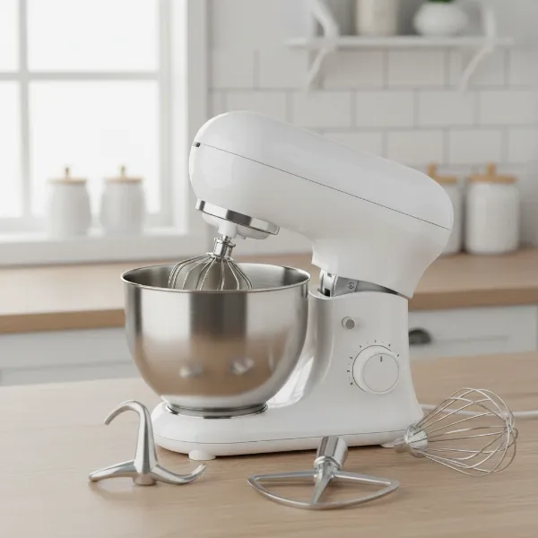 Budget stand mixer showing dough hook, wire whisk, and flat beater for baking.