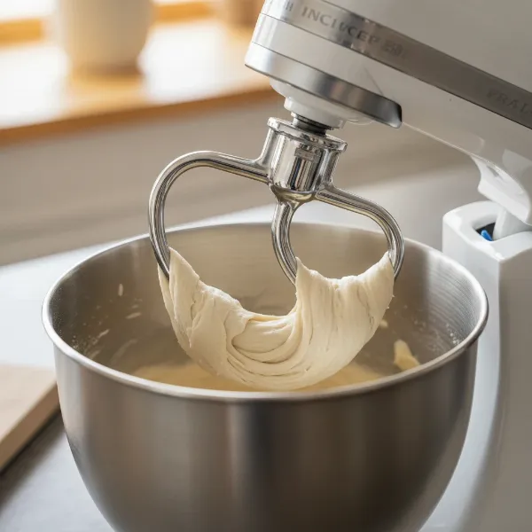 C-shape dough hook kneading soft dough in a tilt-head stand mixer bowl.