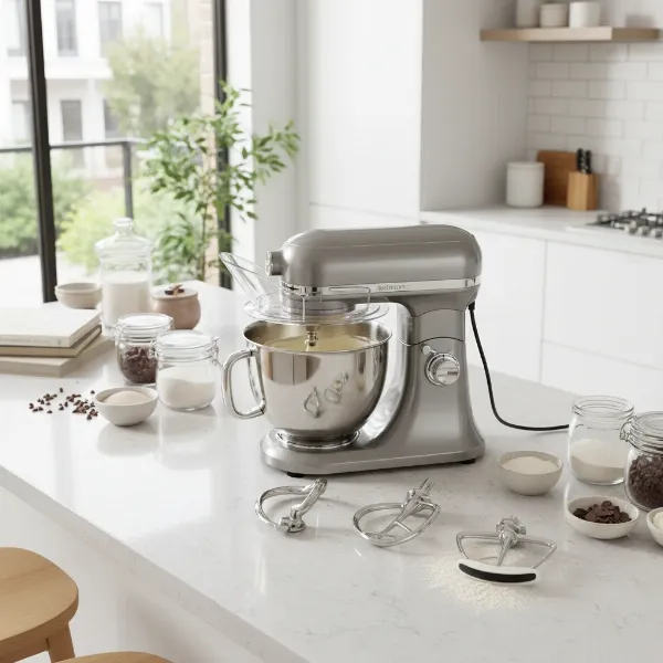 Cheftronic stand mixer with various attachments like dough hook, whisk, beater in a modern kitchen.