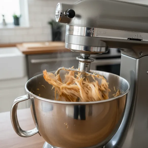 Cooked chicken being shredded inside a stand mixer bowl by a paddle attachment on low speed.