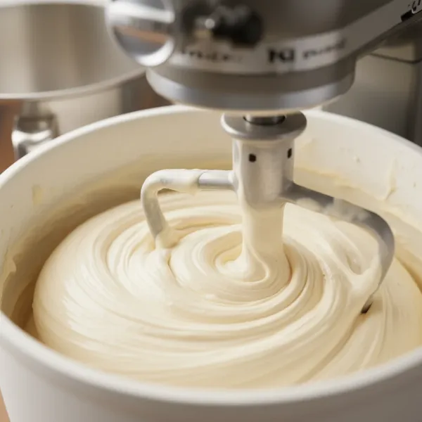 Close-up of homemade vanilla ice cream churning in a stand mixer attachment, reaching soft-serve consistency.