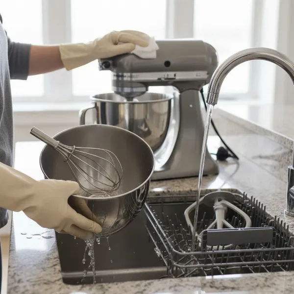 a person cleaning stand mixer bowl and attachments after use
