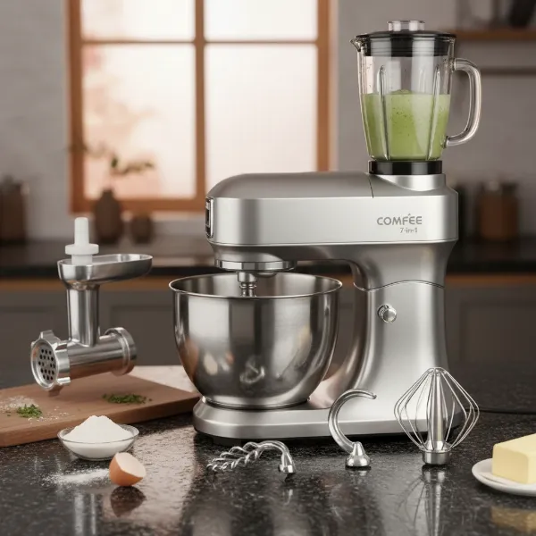 Comfee stand mixer showing various attachments for different baking tasks and optional accessories