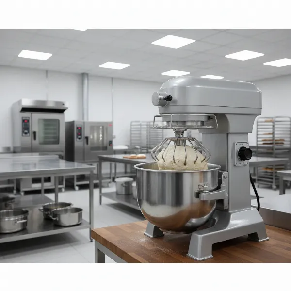 A large commercial planetary stand mixer with a stainless steel bowl, operating in a professional kitchen.