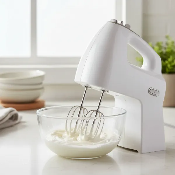Portable hand mixer efficiently whipping cream in a small bowl for dessert preparation.