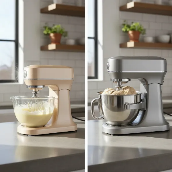 Two stand mixers, one AC and one DC motor type, illustrating differences for bakers.