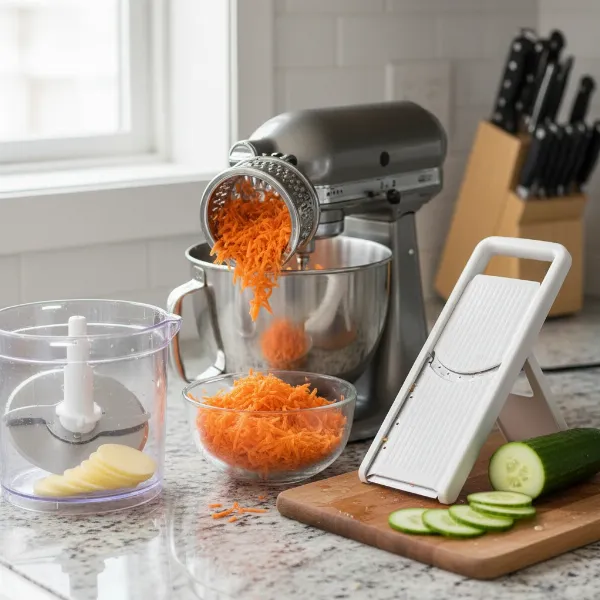 Close-up comparison of a food processor, stand mixer attachment, and mandoline slicer.