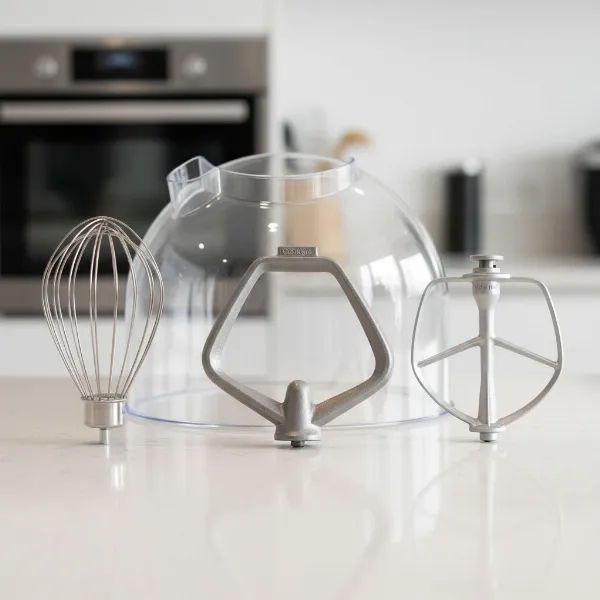 Essential attachments for a Cooklee stand mixer: dough hook, flat beater, wire whip, and pouring shield.