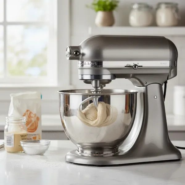 Cuisinart Precision Master stand mixer actively kneading bread dough with a dough hook.