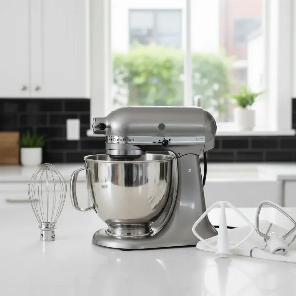 Cuisinart Precision Master stand mixer with whisk, dough hook, and flat paddle attachments.