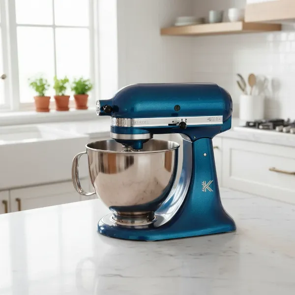 A brightly colored, custom-painted KitchenAid stand mixer with unique design
