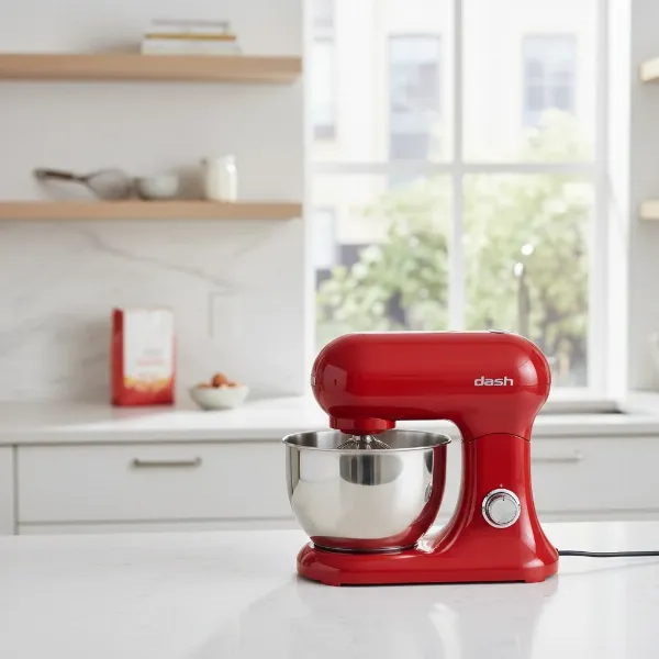 Compact Dash Go Everyday Stand Mixer in a small kitchen, ideal for beginner bakers