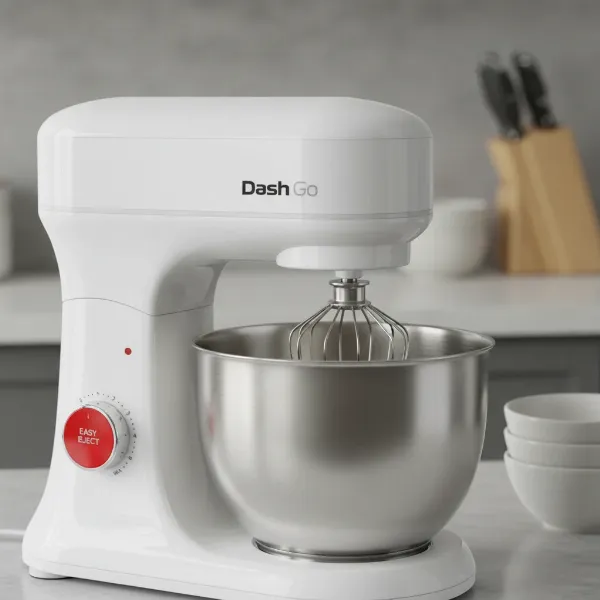 Dash Go Everyday Stand Mixer showcasing its tilt-head design and included attachments