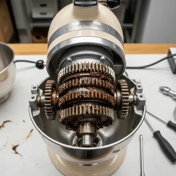 Interior of a disassembled KitchenAid mixer showing gears covered in old, separated grease