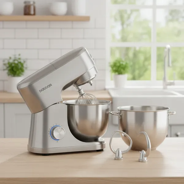 Dobbor stand mixer with tilt-head up, showing whisk, beater, and dough hook.