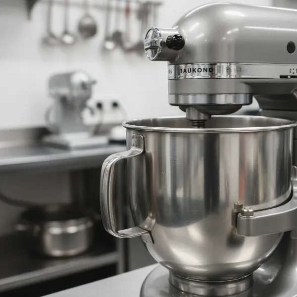 Robust stainless steel stand mixer bowl, empty and clean, ready for heavy-duty baking tasks.