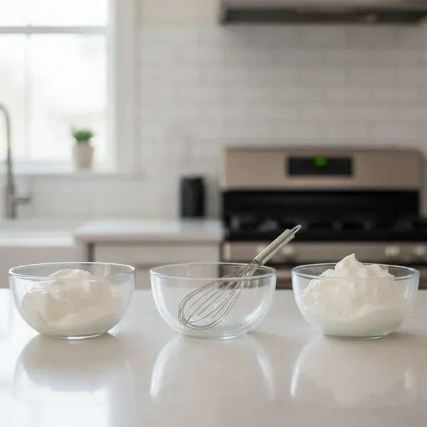 Visual guide to egg white whipping stages: soft, medium, and stiff peaks for baking.