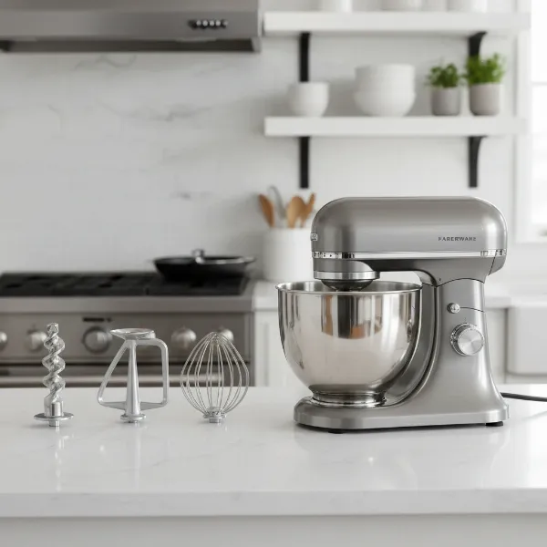Farberware stand mixer with stainless steel bowl and three common attachments.