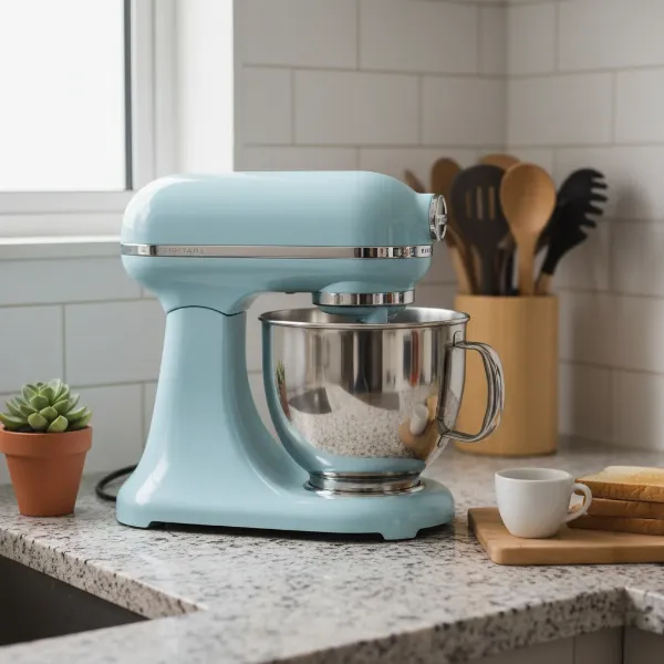 Frigidaire retro stand mixer in a compact kitchen setting, showcasing its vintage design.