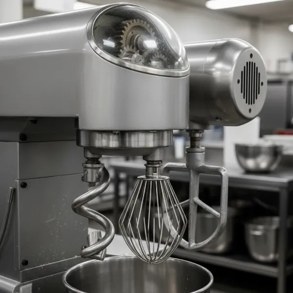 Close-up of commercial stand mixer attachments and powerful gear-driven motor for heavy use.