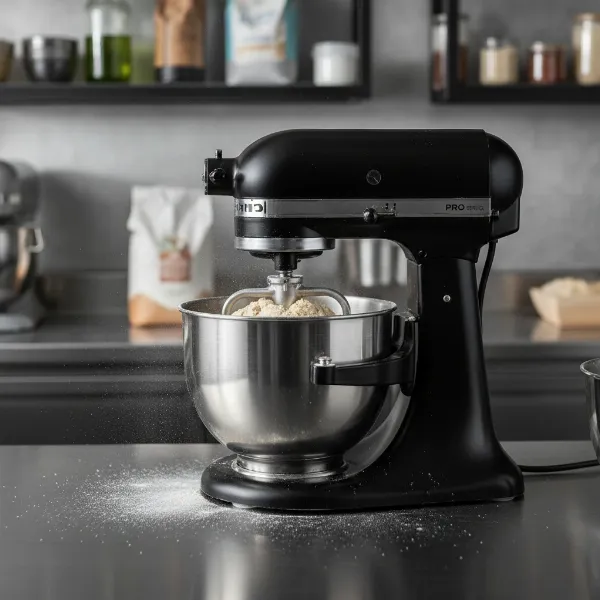 Powerful stand mixer with a dough hook attachment kneading stiff, dense bread dough in a large bowl.