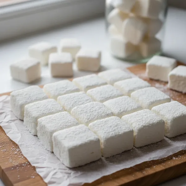 Perfectly cut and dusted homemade marshmallow squares piled neatly on parchment paper.