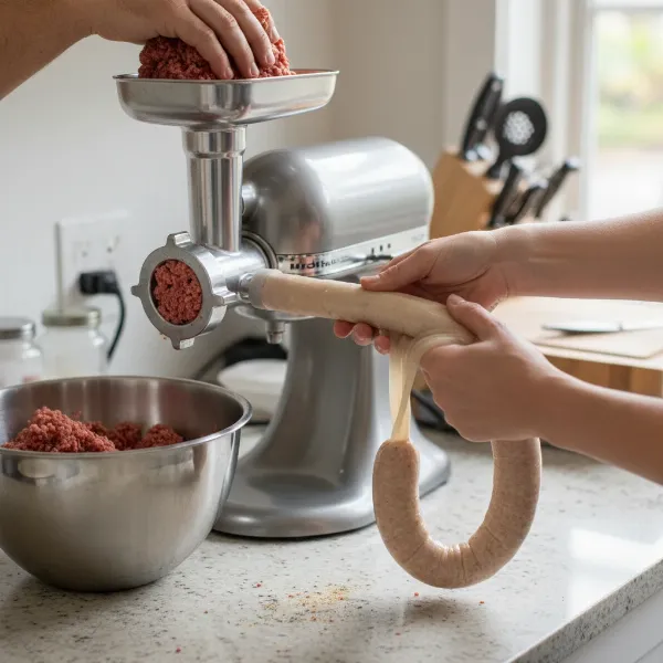 A stand mixer with a sausage stuffing attachment filling natural casings with seasoned ground meat.