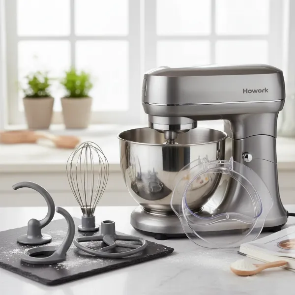 Howork stand mixer with its dough hook, flat beater, wire whisk, and splash guard.