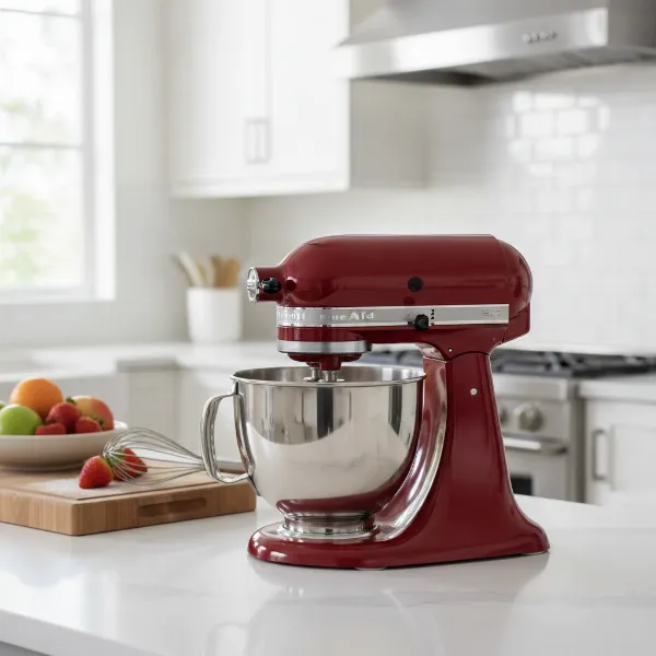 An iconic KitchenAid Model K stand mixer in a vibrant red color, showcasing its timeless design.