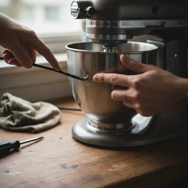 A person inspecting a used stand mixer, checking cord, motor, and attachments.