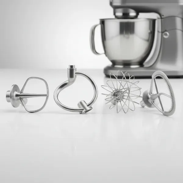 Kenwood Patissier XL attachments: K-beater, dough hook, whisk, creaming beater.