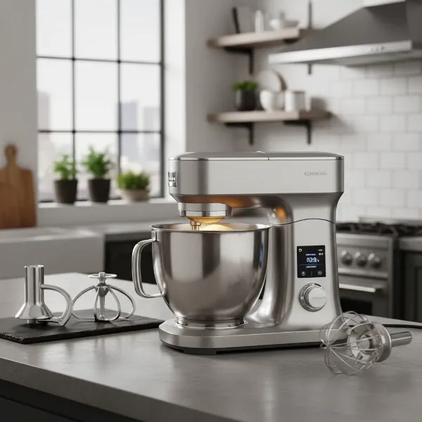 Kenwood Titanium Chef Patissier XL with digital screen, EasyWarm bowl, and attachments.