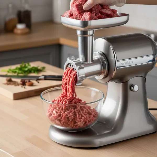 A stand mixer with a meat grinder attachment processing raw meat into fresh ground meat.