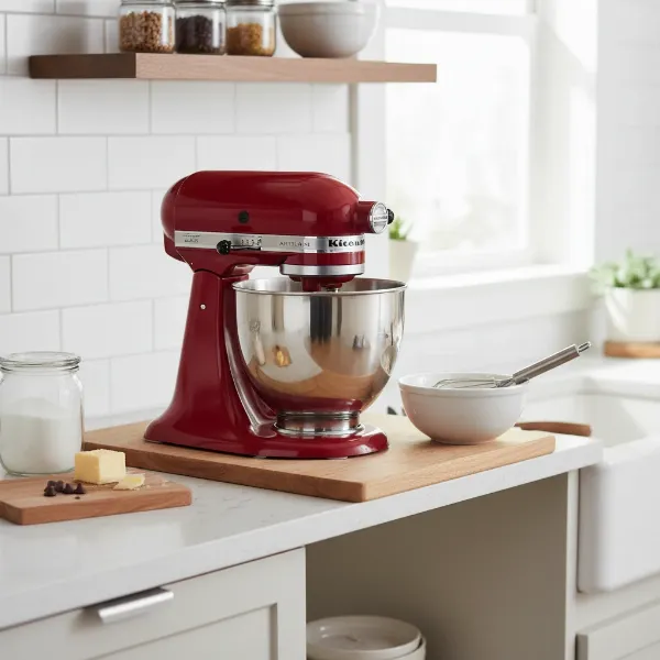 KitchenAid Artisan Mini stand mixer in a compact kitchen, saving counter space.