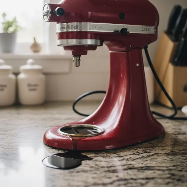 Close-up of a KitchenAid stand mixer with visible oil leak underneath, showing the common issue