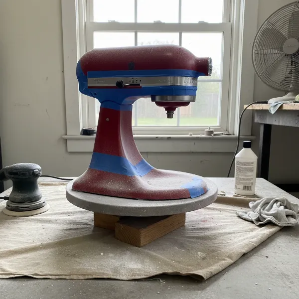 KitchenAid mixer meticulously taped and elevated, ready for custom paint application