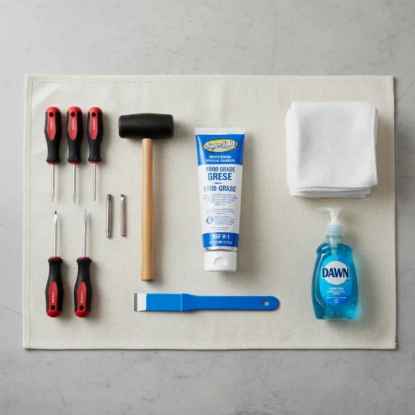 Essential tools and food-grade grease for KitchenAid mixer regreasing