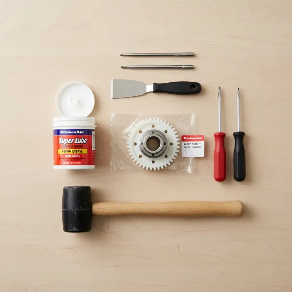 Essential tools and replacement parts for KitchenAid worm gear repair, including screwdrivers, punches, new gear, and grease.